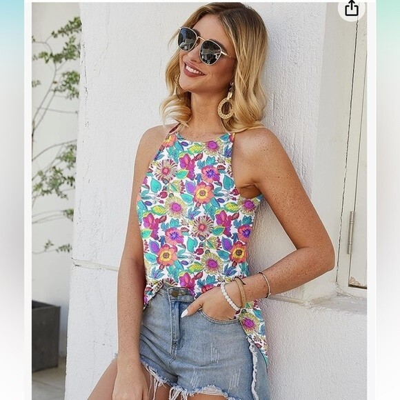 Tank Top Womens Plus XXL Floral Blue Summer Halter Cami Shirt Top Casual B3 - Picture 5 of 8